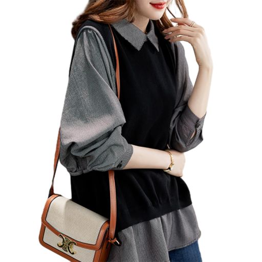 [JLBOCMGT]ブラウスレディーストップス長袖シャツ切り替えドール襟チェック重ね着風フェイクツーピース..