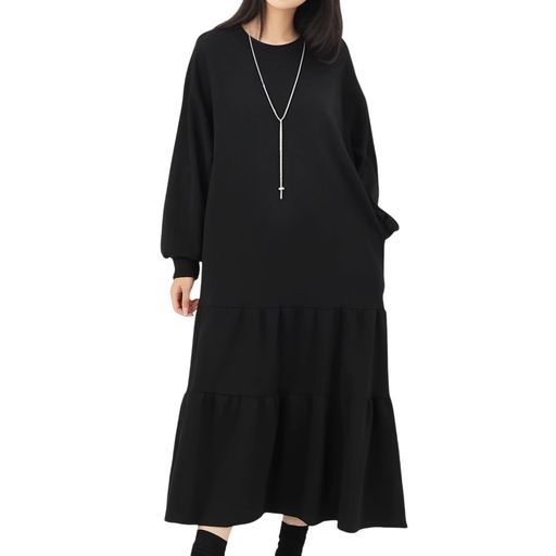 [R10righten]ワンピースレディースフレアワンピースロング丈長袖ランタンスリーブフリル丸首ポケット付きポリエステル混紡柔らかいゆったりカジュアルエレガントシンプル春秋通勤普段着