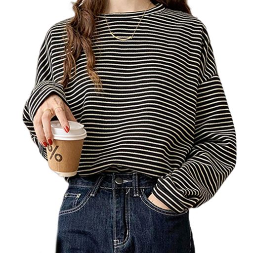 [xppe]ボーダーTシャツレディース長袖薄手ゆったりニットカウルネックトップスカットソー柔らか可愛い..