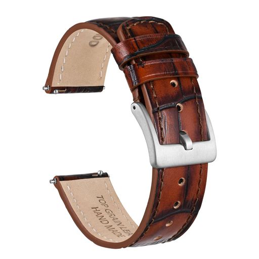 [Ayadoo]腕時計バンド18mmトップグレインレザー時計バンドクロコダイル柄、ゴールデンブラウンレザー・シルバー尾錠交換ベルトQuickRelease