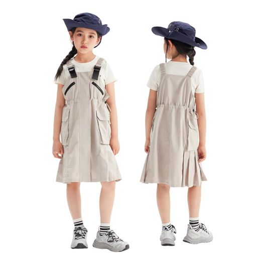 [BarryBanny]ジャンパースカート子供服女の子綿100%オーバーオールスカートサロペットワンピースガールズカーキ色無地おしゃれアウトドア小学生中学生春夏秋120cm