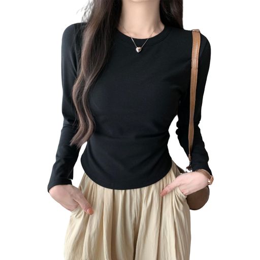 [R10righten]Tシャツレディーストップスインナーシャツ長袖インナー丸首タイトショート丈薄手無地綿混紡柔らかい肌に優しい軽量シンプルカジュアル体型カバー着痩せ普段着通勤お出かけ…