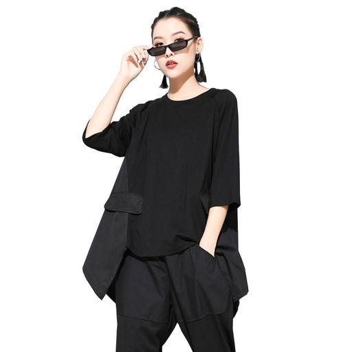 Rakuten - [モリノー]Tシャツレディース七分袖ロングラグランスリーブ裾変形アシンメトリードレープ個性的モード系春夏(Lブラック)