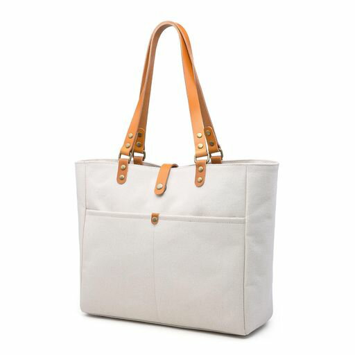 [HEALTIM]トートバッグ大きめキャンバスメンズレディースA4大容量通勤ショルダーバッグ帆布とヌメ革マグネットトートバッグメンズホワイト色