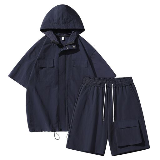 [netero]ウインドブレーカー上下半袖メンズアウトドアジョギング撥水性上下セット登山ランニングフード付夏春秋ネイビーXK1831-NAVY-S