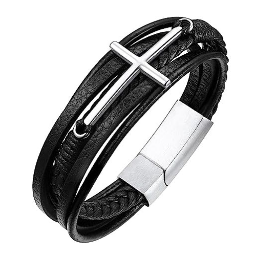 [ChainsPro]十字架ブレスレットメンズクロス黒PUレザー5連23センチ重ね付け風アメカジ系