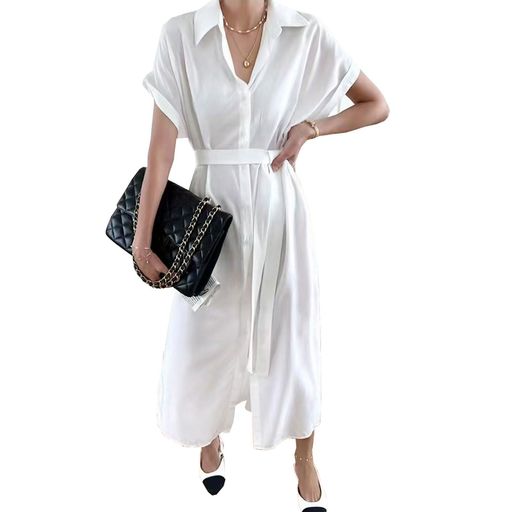 [7-livehouse]ワンピースレディースロングワンピースシャツワンピースベルト付き半袖立ち襟ポケット付き大きいサイズゆったりカジュア..