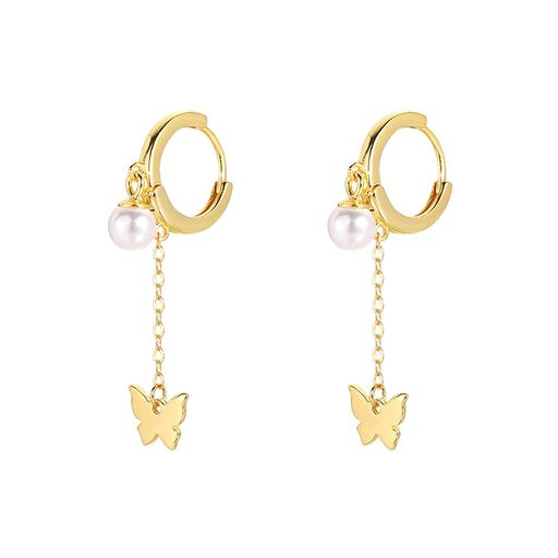 Earrings - K.L.Yフープピアスレディースパール真珠シルバー925リングピアス人気揺れるチョウ18Kゴールド金属アレルギー対応個性純銀製誕生日プレゼント(ゴールド)