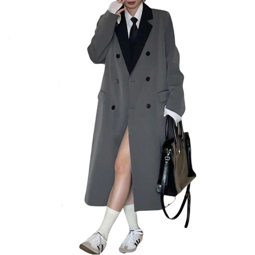 [Ishiharaliacceai]トレンチコートレディース膝下丈テーラードゆったり中厚手ポケットありバイカラー落ち感体型カバーロングコートオーバーサイズ秋春(4)