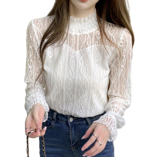 Rakuten - [Tiernyueth]レディースレースTシャツハイカラーニット長袖トップス透かし編み柔らかい肌触り体型カバー透け感レイジースタイル人気ファッションかわいいップ大人フェミニンシンプルカ…