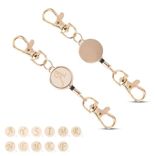 [Gineman]キーリール伸びるリール式アルファベットキーホルダーリール付きストラップ小型軽量パスケースキーホルダー革カラビナ付ゴールドキーリールレザー単品(4)