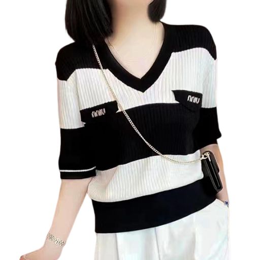MlleeSSeeldyTRC サマーニットレディースVネックtシャツ五分袖カットソートップスサマーセーターボーダー体型カバー可愛い着回し高伸縮柔らかシルエットファッションオフィス薄手日常通…