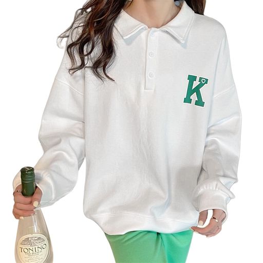 [xppe]レディーストレーナー長袖tシャツカットソートップス綿スウェットプルオーバーラペルドロップショルダースポーツウェアロングtシャツ無地大きめゆったり暖かいゆったりオフィス…