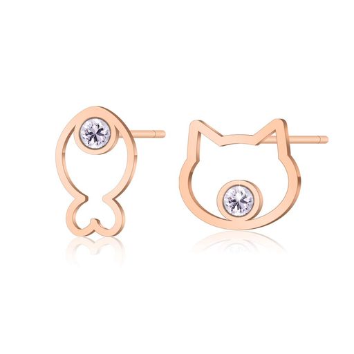 スタッドピアス猫と魚レディースのマークテーマが人気専用ボックス付き愛と希望の象徴耳飾り可愛いキラキラレーディズ平和シンボルデザインピアス(箱入り)
