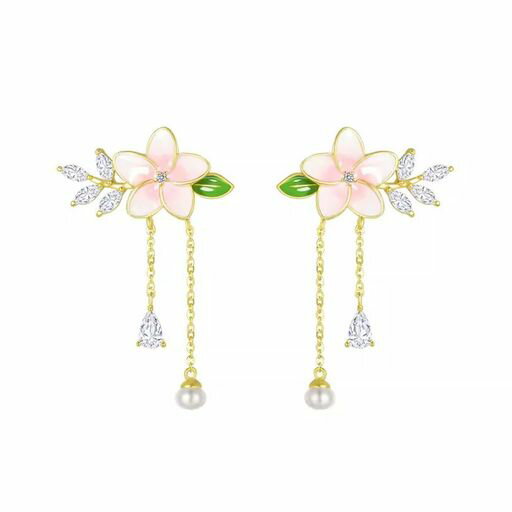 K.L.Yピアスレディース人気桜18金金属アレルギー対応CZジルコニアイヤリングロングチェーン揺れるパールピアス18Kゴールド記念日プレゼントジュエリー(ピンク)
