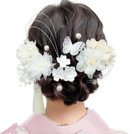 【Baramoly】髪飾り七五三成人式プリザーブドフラワードライフラワー蝶々造花パール水引きかすみ草リボン結婚式卒業式和装着物留袖振袖浴衣髪留めポニーテール白