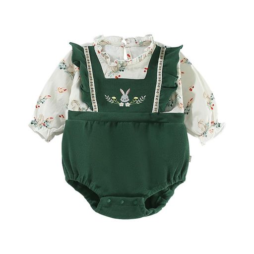 [Babykoi]ベビー服長袖ボディースーツ女の子春秋重ね着風新生児フェイクレイヤードカバーオール赤ちゃん出産準備贈り物刺繍花柄ウサギ柄グリーン12M
