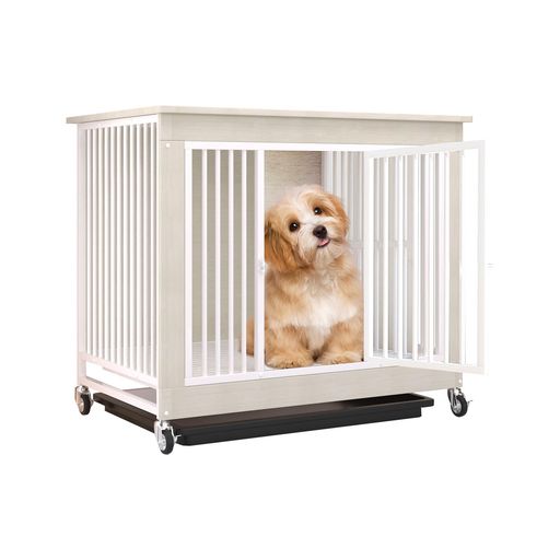 Rakuten - Fainyearn犬ケージ小型犬屋根付きウッディサークル犬小屋中型犬キャスター付き木製トレー付き幅80x奥行52x高さ77cm(ホワイトS)