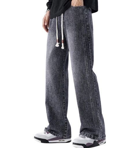 [LZYYHHR]デニムパンツメンズジーンズゆったりバギーパンツロングパンツ大きいサイズオシャレカッコいい調整紐(Lグレー)