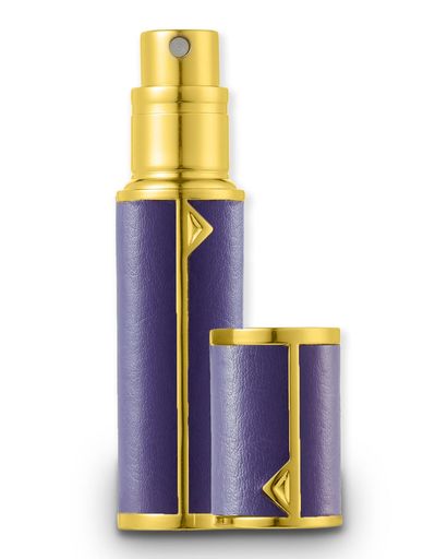 AlxMuNaoアトマイザー香水【5ml・ワンタッチ補充・携帯用】プレミアムレザー仕様底部充填詰め替え簡単漏れない持ち運び便利コンパクト小分けボトル旅行デート仕事男女兼用(金-紫)