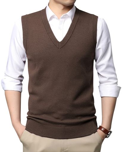 WOFOCSYメンズニットベスト秋冬セーター無地ファッションシンプルvネックSY141(Mブラウン)