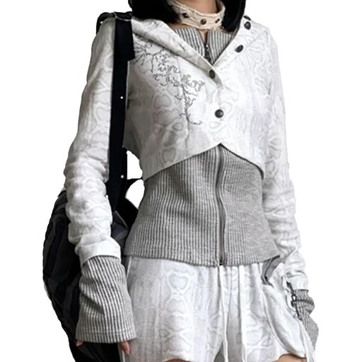 [XHSUKADO]病み可愛いニットセーターレディース服メンズサブカル系学院風韓国風夏秋春冬病み系長袖トップスお宅学生地雷系おしゃれY2Kプリント薄手フェイクレイヤードパンク系コートか…