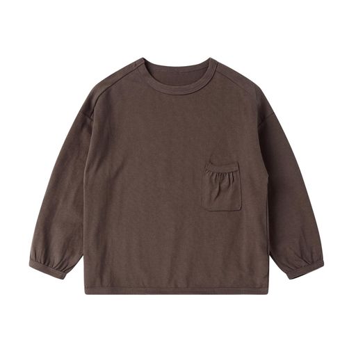 [LSMUDKINGDOM]キッズtシャツ男の子胸ポケット丸首無地ゆったり春秋通学トップスブラウン140