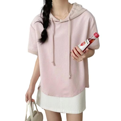 夏服レディースパーカー半袖tシャツフード付き女の子カジュアルファッション切り替えカットソートップス薄手おしゃれトレーナープルオーバー少女森ガール系可愛い夏物キュートゆっ…