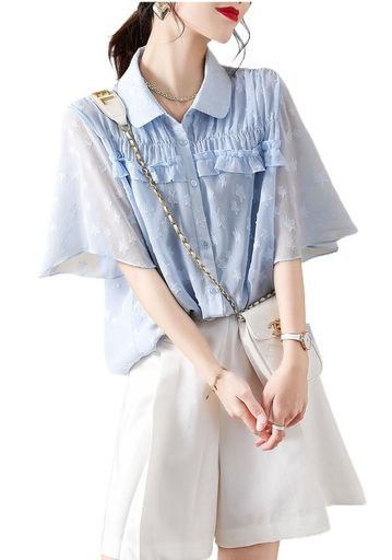 [セイラ]ブラウスレディースシャツシフォントップス夏Vネックゆったりかわいいフレア袖シフォンブラウスカットソー裏地付通気性ファッションきれいめ半袖カジュアル通勤