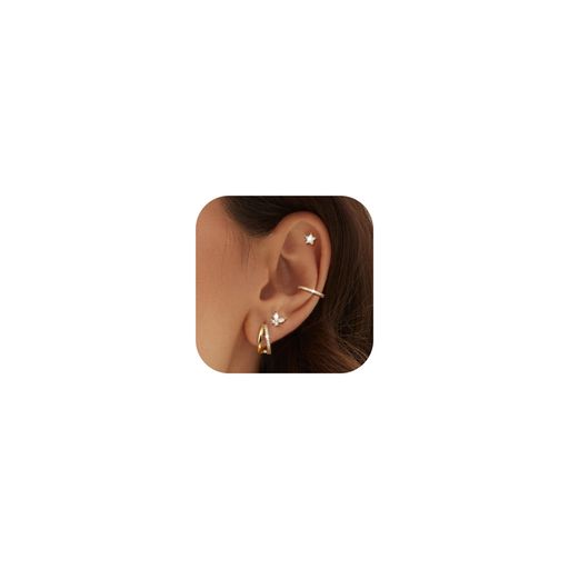 LOYALLOOK4ペアピアスレディース人気14Kゴールドピアスアレルギー対応フープスタッドピアスセット女性小さめシンプルフープピアスセットジュエリー(バタフライ-14k)