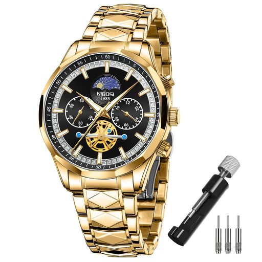 NIBOSI腕時計メンズ時計うで時計ビジネスクロノグラフビッグフェイスブランドおしゃれカジュアルメタルバンドステンレスアナログスケルトン紳士男性用高級プレゼントゴールドWatchformen