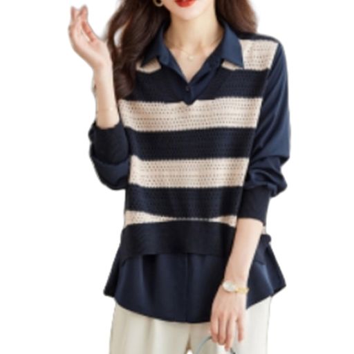 [Vincenthouse]セットニットベストブラウスレディースボリューム袖柔らかいボーダーノースリーブゆったりvネック前開き長袖重ね着着痩せトップスおしゃれ韓国春秋冬(4.0)