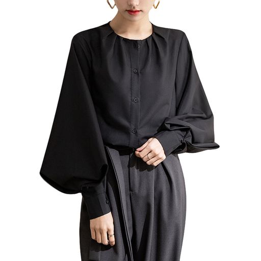 [Ishiharaliacceai]ブラウスレディースバルーン袖カウルネックゆったり柔らかいシャツ薄手着痩せ体型カ..