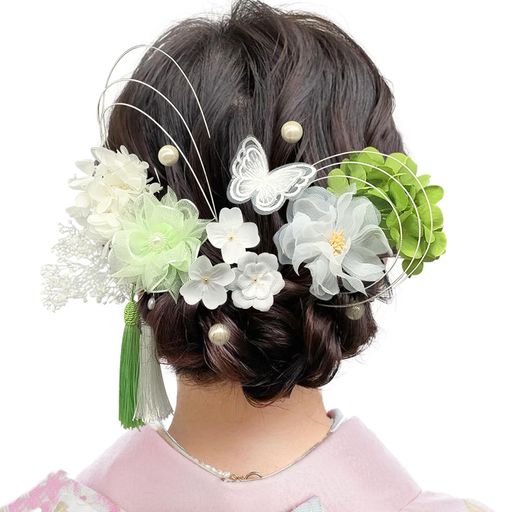 【Baramoly】髪飾り七五三成人式プリザーブドフラワードライフラワー蝶々造花パール水引きかすみ草リボン結婚式卒業式和装着物留袖振袖浴衣髪留めポニーテール緑