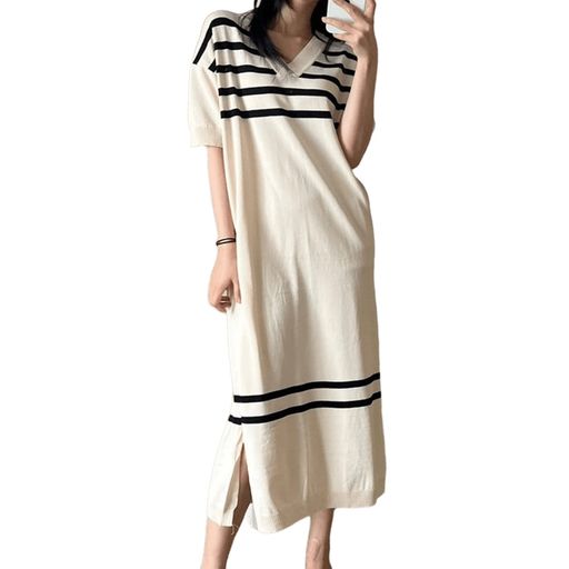 [Vincenthouse]ワンピースニット5分袖ストライプロングマキシ丈無地ゆったり大きいサイズきれいめVネッ..