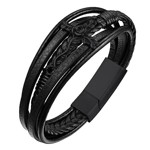 [ChainsPro]十字架ブレスレットメンズクロス黒PUレザー5連23センチ重ね付け風アメカジ系