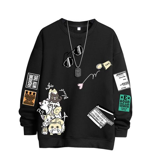 [ZXCVWWE]トレーナーパーカーメンズ长袖裏起毛猫柄スウェットトップス丸首おもしろシャツ厚手防寒暖かいゆったり可愛いプルパーカー男女兼用オーバーサイズ(3XLブラック)
