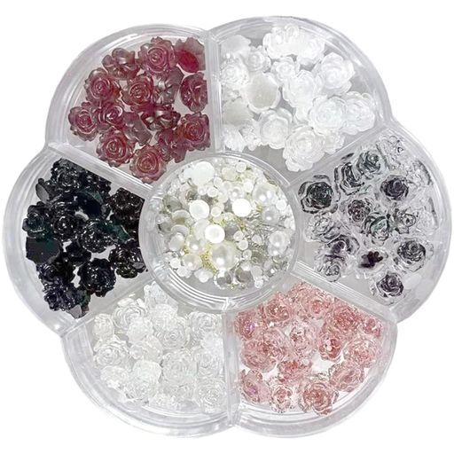 花 ネイルパーツ 6mm 8mm 6色 約90個セット 3D 立体 可愛い お花パーツ 椿 薔薇 バラ デコパーツ ネイルアート 手作り 収納ボックス付き