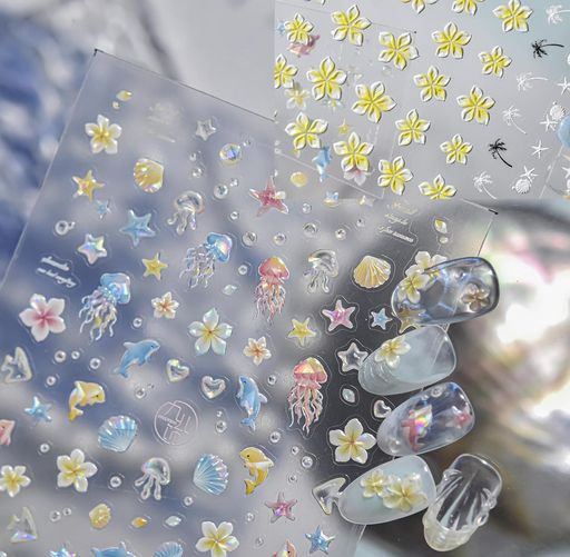 DIFEIUKI ネイルシール 2本セット 3D立体 浮き彫り プルメリア 花柄 ネイルステッカー 夏 海 貝殻 クラゲ ヒトデ パーツ ネイルアート デコシール 防水 強粘着 貼るだけ簡単 ハワイ飾り ネイ…