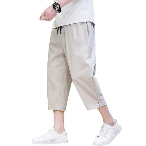 [Platilive]サルエルパンツズボンメンズテーパードパンツワイドパンツ七分丈綿麻大きいサイズゆったり調整紐無地通気涼しいカジュアルおしゃれパンツボトムスメンズ夏服khakiM