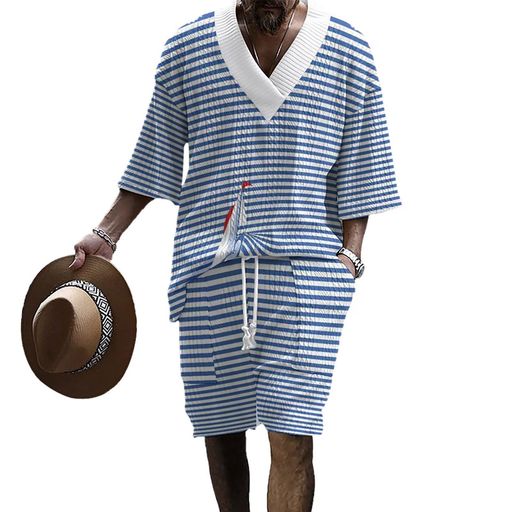 [Anmurye]ジャージ上下セットメンズプリント模様夏服半袖Tシャツカットソー+ショートパンツカジュアルVネックビッグサイズ快適ウエスト調整可能無地通気上下スウェットブルー半袖(ピン…