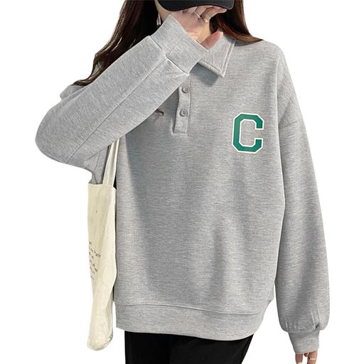 [xppe]レディーストレーナー長袖tシャツカットソートップス綿スウェットプルオーバーラペルドロップショルダースポーツウェアロングtシャツ無地大きめゆったり暖かいゆったりオフィス…