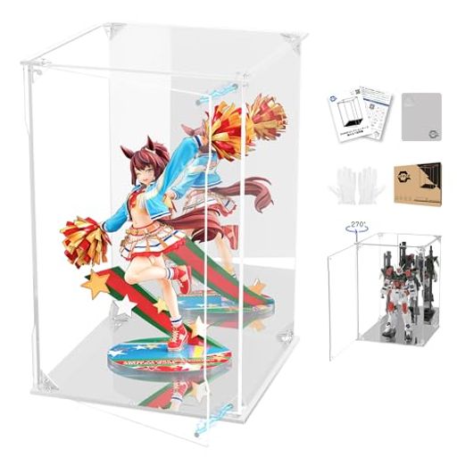 KUKERフィギュアケースアクリルケースUVカット台座ミラー背面ミラーマグネット付き前扉コレクションケースディスプレイケースショーケース組み立て式汚れ防止手袋クリーニングクロス…