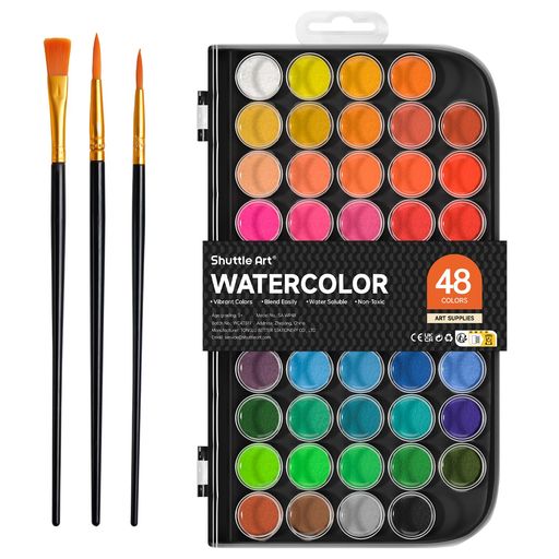 Painting Materials - ShuttleArt固体水彩固形水彩絵具セットパレットプチカラー易着色速乾大容量ブラシ付属48色セット野外スケッチ用大人の塗り絵