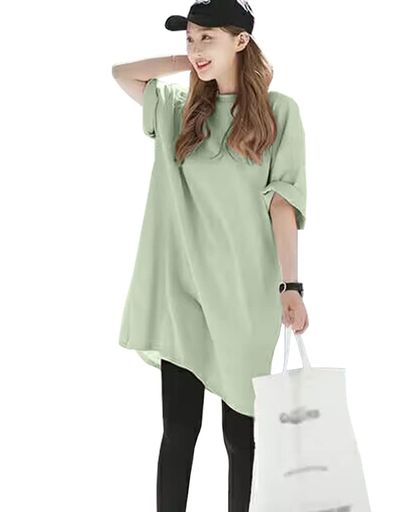 Rakuten - [MaxWant]ロングTシャツTシャツワンピースレディースゆったり夏五分袖膝丈ドロップショルダーサイドスリット無地カジュアル(XLグリーン)