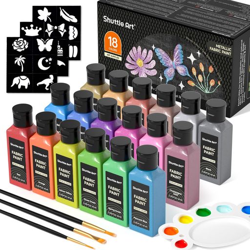ShuttleArt布用絵の具メタリックカラー18色セット60ml布絵の具布描き絵の具ウォッシャブル洗っても落ちないファブリックペイントペイントブラシ・ステンシル・パレット付き速乾耐久Tシャ…