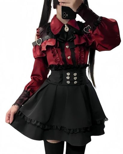 [BIIYUHN]地雷系オープンショルダーワンピースセットアップレディース3点セット長袖セットアップハート..