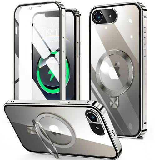Rakuten - HGUTREY【スタンド機能付き・アクションボタン】iPhone17e/16e用ケースクリア【ロック付き】【CDリング・MagSafe対応】9H強化ガラスPC背面一体型レンズ保護アイフォン17e/16eカバー両面