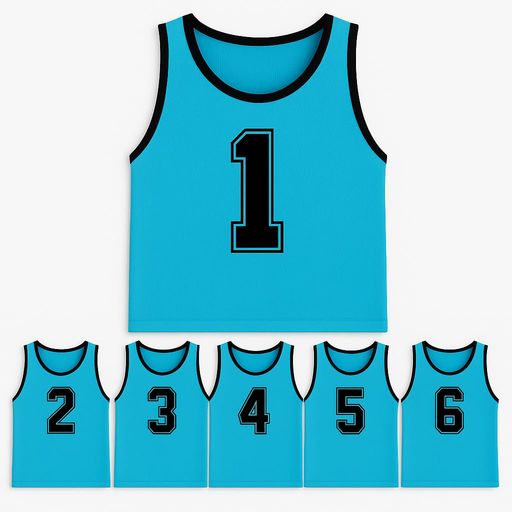 [idoorfree]ビブス子供用大人用9色展開6枚セット番号入り男女兼用サッカーバスケフットサル学校運動会自治体行事フリーサイズブルー