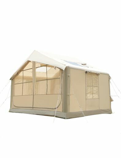 Tent - エアーテントインフレータブルテント4~6人用約12m2ベージュ420Dオックスフォード防水耐水圧5000mm簡単設営ロッジ型TPU天窓付きメッシュ窓通気性大型ファミリーテントグループキャンプ4シー…